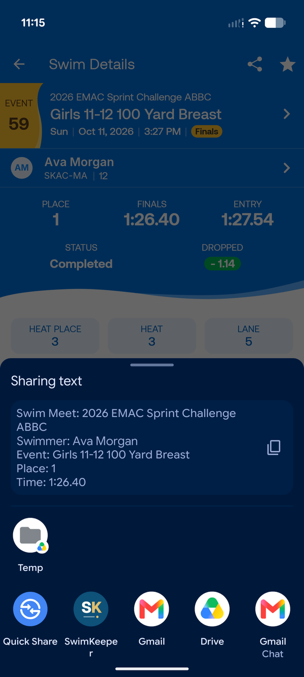 Meet Mobile’s share list on Android, with SwimKeeper in the row of apps