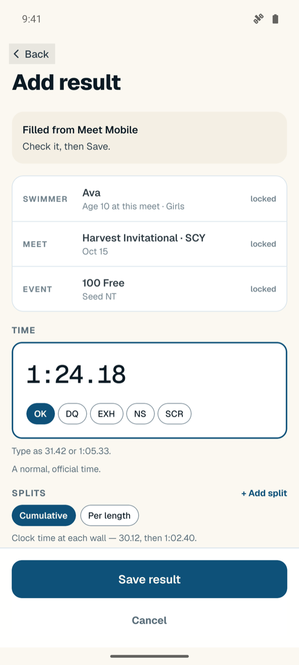 Add result filled from Meet Mobile: swimmer, meet, event and time