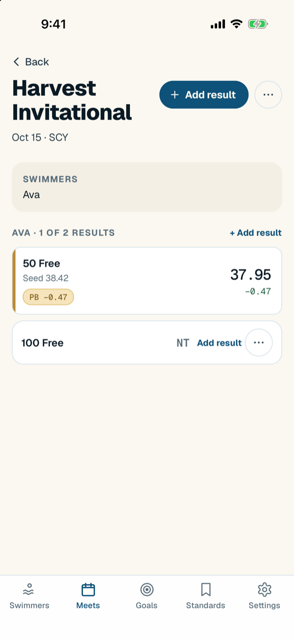 On meet day, a filled entry shows the time and the drop from the seed