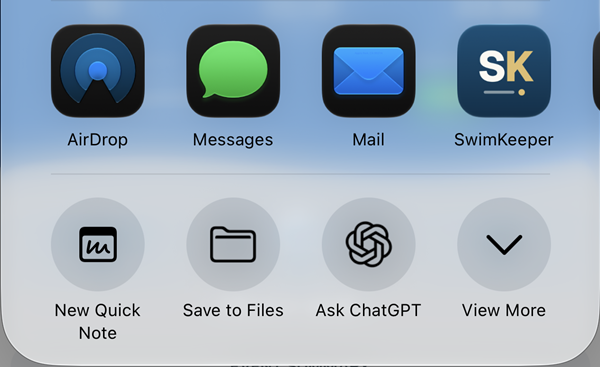 The iPhone share sheet with SwimKeeper in the row of apps