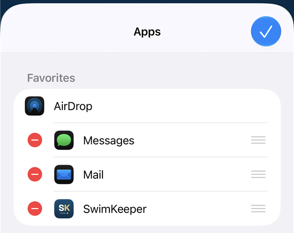 The share sheet’s Apps editor with SwimKeeper under Favorites
